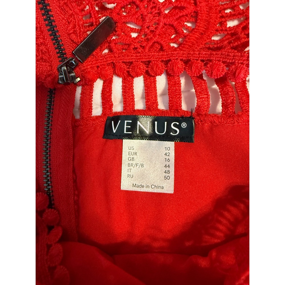 Venus Crochet Lace Top Womens 10 Red Excellent Cold Shoulder Bell Sleeve Peplum - Picture 2 of 4
